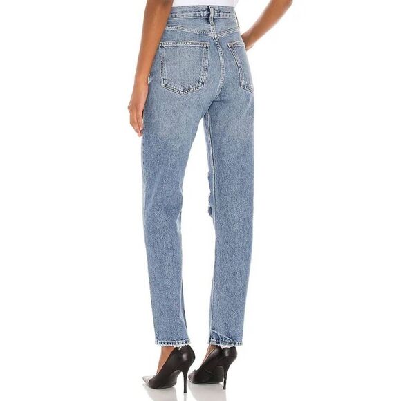 AGOLDE 90s Pinch Waist High Rise Straight Jeans 25 | Distressed Light Wash Denim - Picture 5 of 16